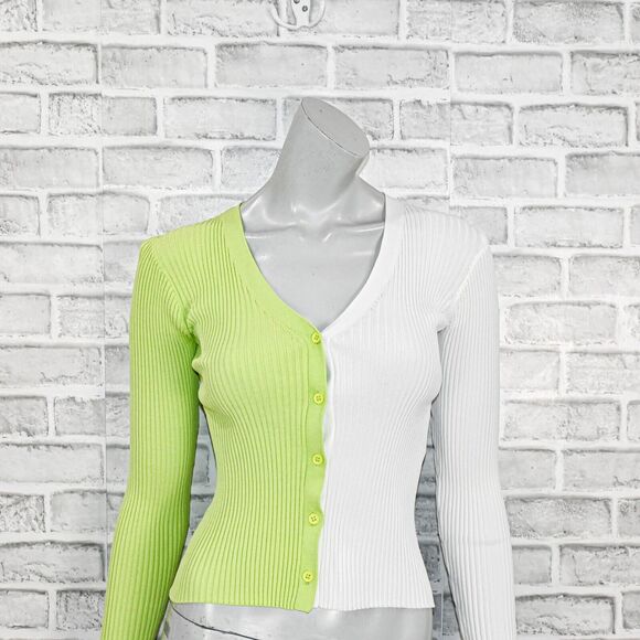 STAUD Women's Cargo Sweater Ribbed cardigan lime white colorblock - Picture 6 of 7